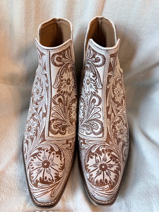 Myra Bag Shoes - Myra Bag Moxie Hand Tooled Western Cowboy Booties White Chocolate